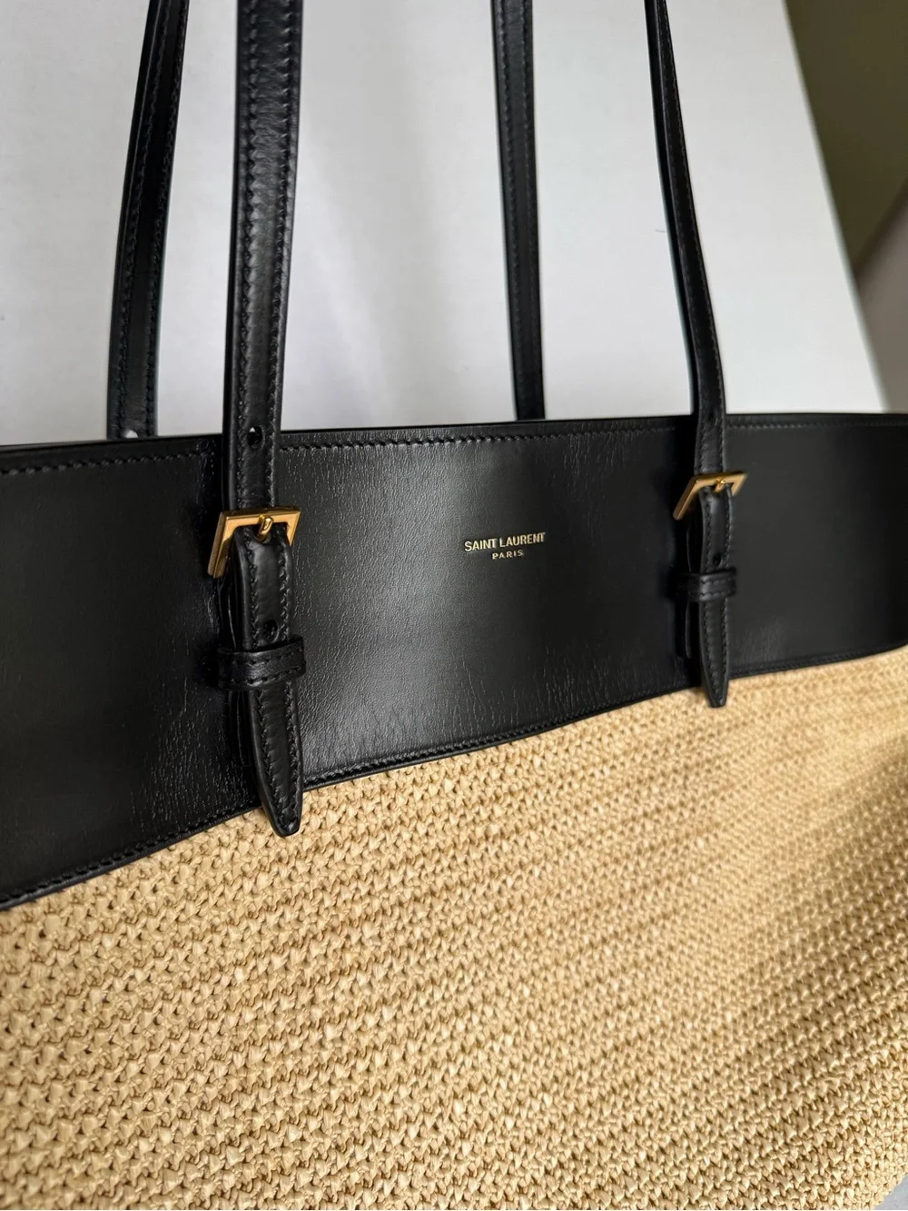 Authentic Saint Laurent Black & Natural Boucle Raffia Tote Bag with Dust Bag